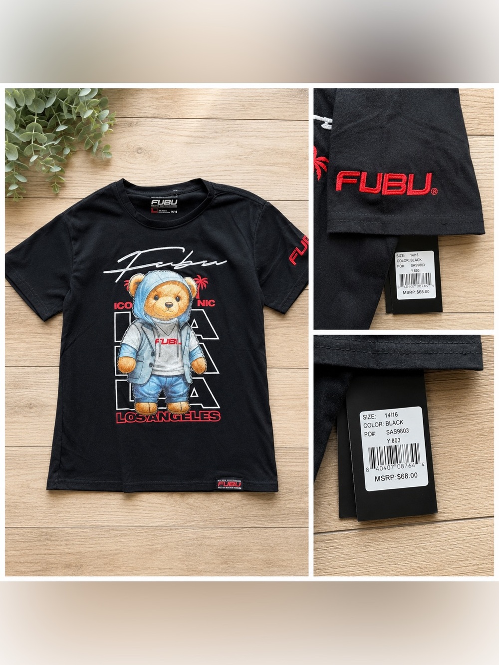 FUBU Boys Graphic Teddy Bear T-Shirt – NWT – Size 14/16 – Black